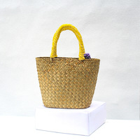 Sac cabas en paille tressé fait main, style panier, avec anse, vintage européen et américain, avec cordon décoratif de couleur assortie