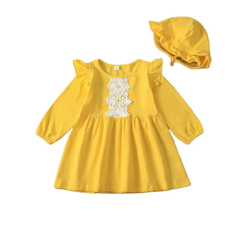 New spring and Autumn baby girl yellow dress long sleeve dress with hat
