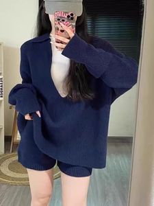 Ensemble deux pièces pour femmes, pull en tricot acrylique respirant <span class=keywords><strong>à</strong></span> col montant surdimensionné, short, manches longues, vêtements de détente é<span class=keywords><strong>l</strong></span>égants, automne - Product Image 5