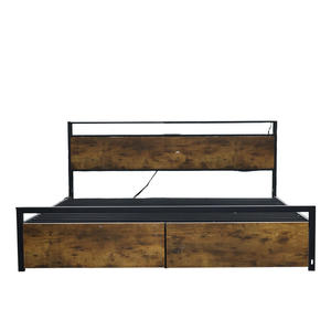 กรอบเตียงเหล็กไฟ LED สีน้ำตาลแบบย้อนยุคแบบทันสมัยลิ้นชักเก็บของขนาดใหญ่2อันทนทานช่องชาร์จอเนกประสงค์สำหรับห้องนอนอพาร์ทเมนต์ - Product Image 1