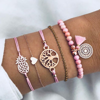 Perhiasan Musim Panas, Gelang Manik Nanas Berongga Motif Bunga, Set Gelang Liontin Pohon Kehidupan Kreatif untuk Wanita dan Pria