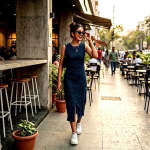Robe midi sans manches en jean avec fente avant, coupe ajustée, style décontracté pour tous les jours, style estival, confortable et respirante pour femme - Product Image 1
