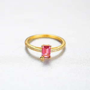 Emerald Cut Ring CZCITY Gold Plated S925 Sterling Silver Gemstone Ring Clear Cubic Zirconia Emerald Cut Engagement Ring Ruby Stone