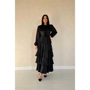 Vestido de Noche Largo de Satén Negro con Volantes para Mujer, Estilo Romántico de Fiesta, Corte A, Cintura Imperio, Venta al por Mayor - Product Image 4