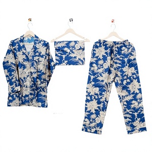 Women's 100% Cotton Pajama <b>Set</b> Hand Block Printed Floral Pattern Comfortable Nightwear with Vintage Button Decoration - Product Image 1