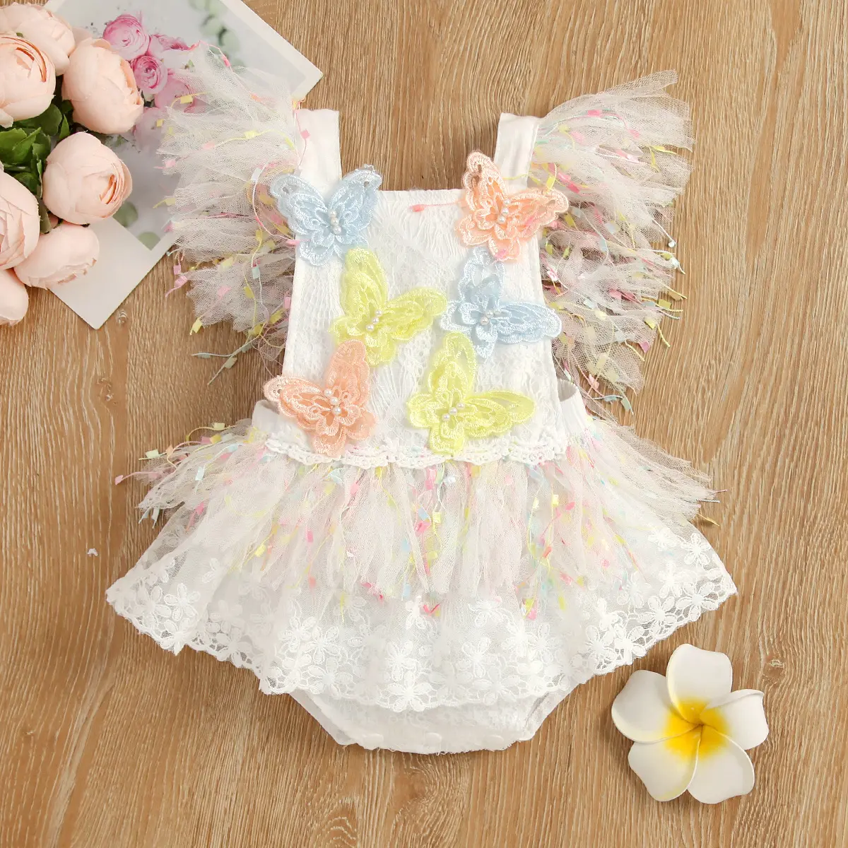 2023 Newborn Baby Girl White Bodysuit with Cute Butterfly Tulle Girl Jumpsuit 0-2 Years