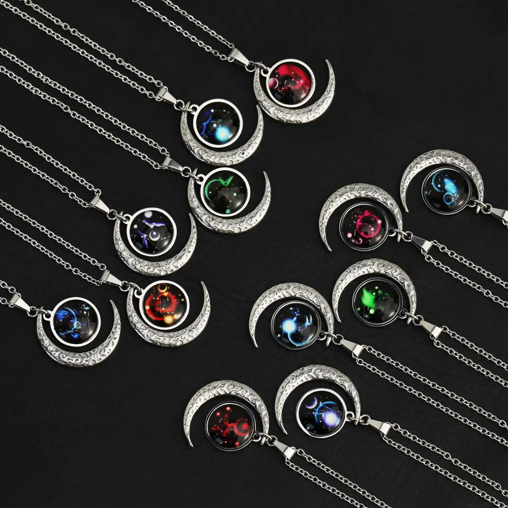 Stainless Steel Moon Pendant Necklace Friendship Birthday Gift Crescent Moon 12 Constellation Zodiac Glass Cabochon Necklaces