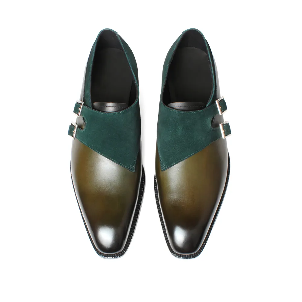 Vikeduo Hand Made Special Design Suede & Calf Leather Double Buckle Monk Strap Shoe Green Custom Mens Dress Man Shoes