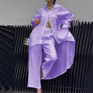 Ensemble décontracté pour femme, haut à manches longues et pantalon à ourlet irrégulier, rouge, polyester et élasthanne, style Europe-Amérique - Product Image 2
