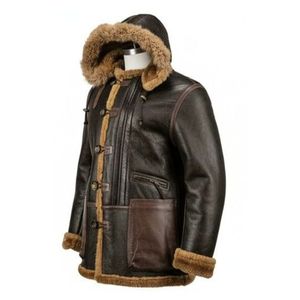 Chaqueta de Cuero Estilo Bomber B-7 para Hombre, Color Marrón Oscuro, Estilo Vintage Clásico, con Cuello de Piel de Oveja y Puños Acanalados - Product Image 3