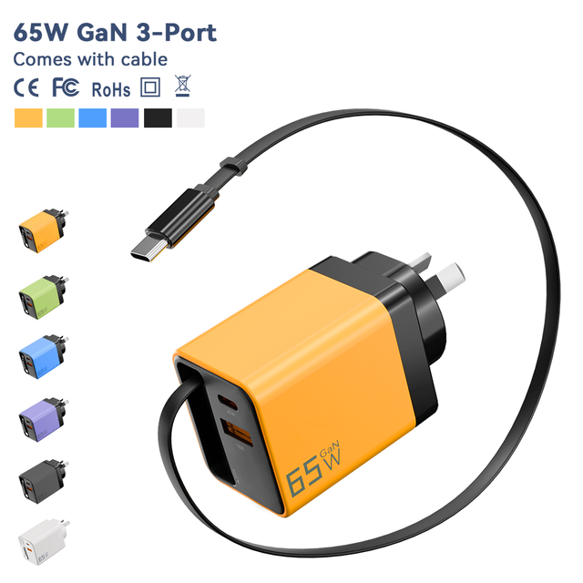 65W GaN Fast Charger with Retractable Cable 3-Port PD Charger Portable Foldable Travel Adapter Chargers & Adapters Hot Supplier