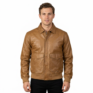 SAAR INDUSTRIES Unisex Tan Leather Winter Bomber <b>Jacket</b> <b>Mandarin</b> <b>Collar</b> Classic Flap Pocket Design Ribbed Hem Casual Genuine - Product Image 1