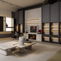 Meuble mural TV intégré en MDF cannelé moderne avec vitrine en verre pour la décoration du salon