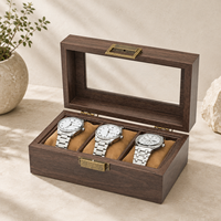 Boîte de rangement vintage pour 3 montres avec couvercle en verre, en cuir PU grain de bois, étui de rangement triple pour montres, logo personnalisé