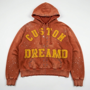 Sweat à capuche zippé surdimensionné pour homme, avec lettres personnalisées effet vieilli, appliqué brodé, design en strass, lavage enzymatique par pulvérisation - Product Image 6
