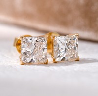Серьги-пусеты с выращенными в лаборатории бриллиантами 2CTW, 14K цельное золото, с винтовой застежкой, сертифицированные IGI, с бриллиантом огранки «Принцесса» в оправе с четырьмя крапанами