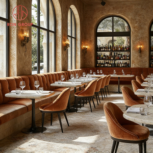 Restaurante de Lujo Retro de Estilo Toscana Francesa del Sur, Mesa de Mármol Natural y Sillas de Terciopelo Naranja con Asientos Tipo Cabina para Cafetería - Product Image 3