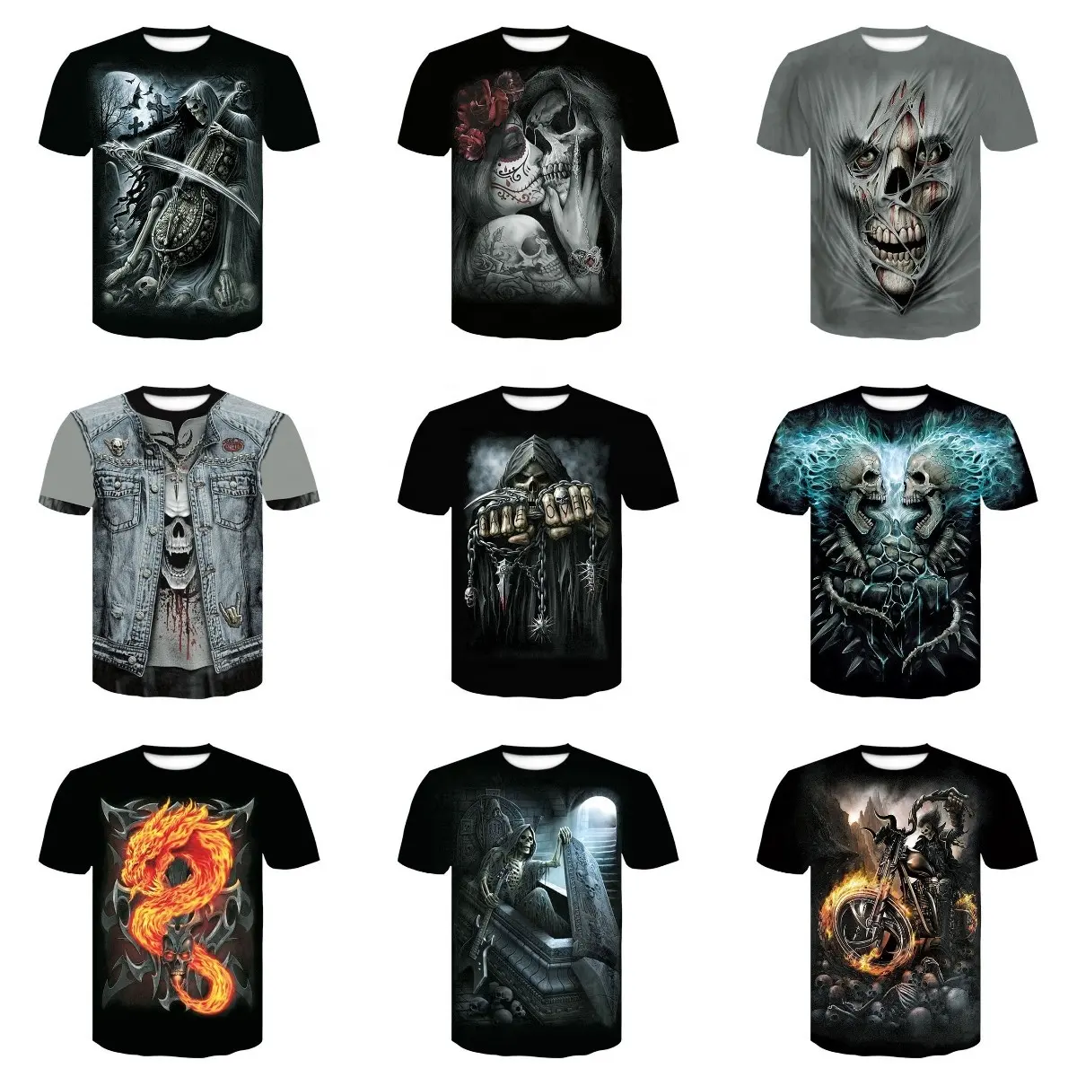 Vintage Horror Schädel 3d Print Herren T-Shirt Gothic Casual O-Ausschnitt Kurzarm Mode Loose Overs ized Tops T-Shirt Herren