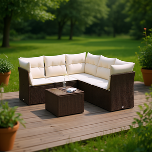 Ensemble de canapés de jardin en rotin brun avec coussins crème, mobilier d'extérieur au design contemporain, résistant à l'eau et aux UV, en rotin PE - Product Image 2