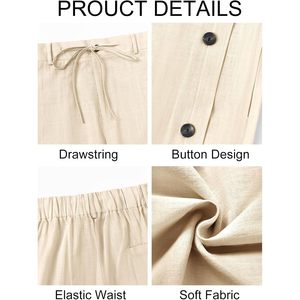 Paslter กางเกงผู้ชายผ้าลินินผ้าฝ้ายแบบผูกเชือกเอวยางยืดแบบลำลองกางเกงโยคะชายหาดชายหาดที่มีน้ำหนักเบาปรับแต่งได้สำหรับฤดูร้อน - Product Image 5