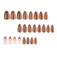 Faux ongles marron amande à presser avec pois blancs et motif nœud, embouts brillants réutilisables pour fêtes, rendez-vous, mariages, manucure 4562