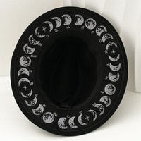 Chapeau haut de forme unisexe respirant 100 % coton, style gothique punk théâtral, avec décoration de phases lunaires peinte à la main, mystique médiéval de niche
