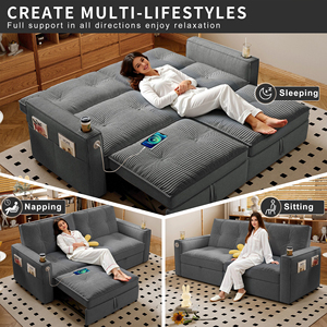 Grey Fabric Sofa <b>Bed</b> <b>Convertible</b> Sleeper Couch With Storage USB Charging Cup Holders for Bedroom Living Room - Product Image 4