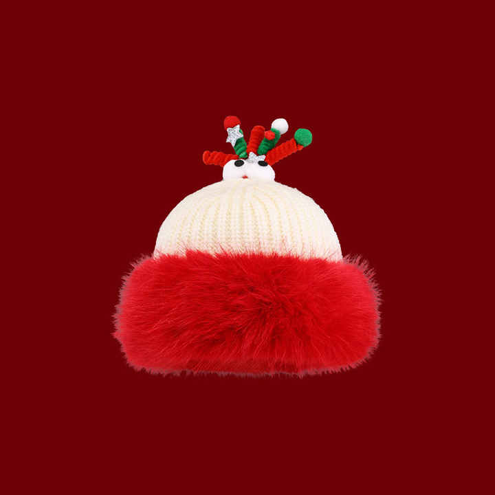 Christmas Wool Hat Red Knitted Reindeer Plush Warm Winter Hat For