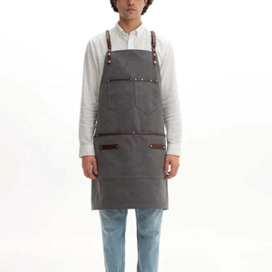 Men's Canvas <b>Apron</b> With Leather Straps And Pockets-Gray Workwear For <b>Kitchen</b>-Coffee Shop-Barbecue Leather Sleeveless-Industrial - Product Image 1