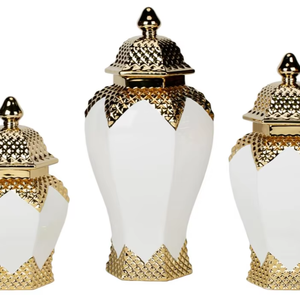 Modern Metallic-<b>Trimmed</b> Ceramic Canister Trio with <b>Gold</b> Accents for Cohesive Home Styling and Centerpiece Arrangements - Product Image 1