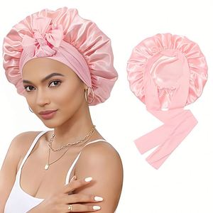 Bonnet en satin pour dormir, bonnet de nuit en soie double couche avec bande à nouer, bonnet pour cheveux bouclés, bonnet de nuit réversible, vente en gros - Product Image 6
