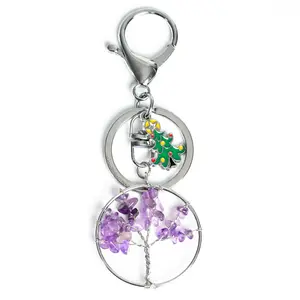 2404 Christmas tree of life natural crystal purple green black white jade blue gold tourmaline colorful key chain wholesale