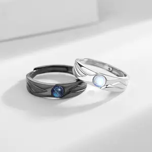 Wholesale 2Pcs/Set Couple Jewelry Angel and Demon Couple Ring Vintage Glazed Moonstone Adjustable Open Ring For Men Women