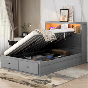 Lit de rangement hydraulique gris avec tiroirs et tête de lit pour chambre à coucher - Product Image 3