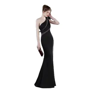 Fashion V-Neck Modern Evening Dress Gown One Shoulder Crystal Ladies Evening Dresses