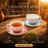 Set Cangkir dan Tatakan Keramik Gradasi Merah Biru Modern, 2 Buah Cangkir Kopi Teh Ombre Porselen untuk Rumah Kantor Dapur Kafe Hadiah