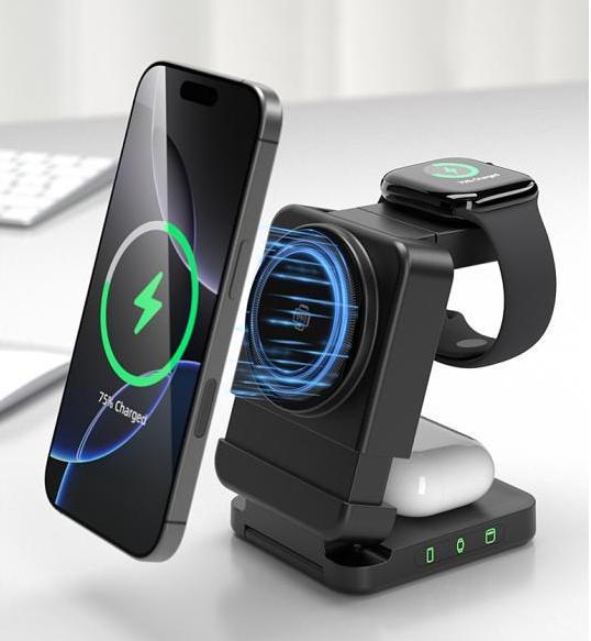 Portable Wireless Charger Station Desktop Multi-functional 3-in-1 Folding Magnetic Wireless Charger Type-C Input