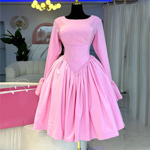 Élégante Robe Femme Coupe Trapèze à Col Rond Manches Longues Taille Haute - Robe Tissée à Motif Uni avec Lien Arrière Tendance - Product Image 1