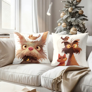 愛らしい漫画風の犬と猫のクッション。お祝いのホリデーデコレーションとトナカイの角が付いており、居心地の良いリビングルームの雰囲気で。 - Product Image 4