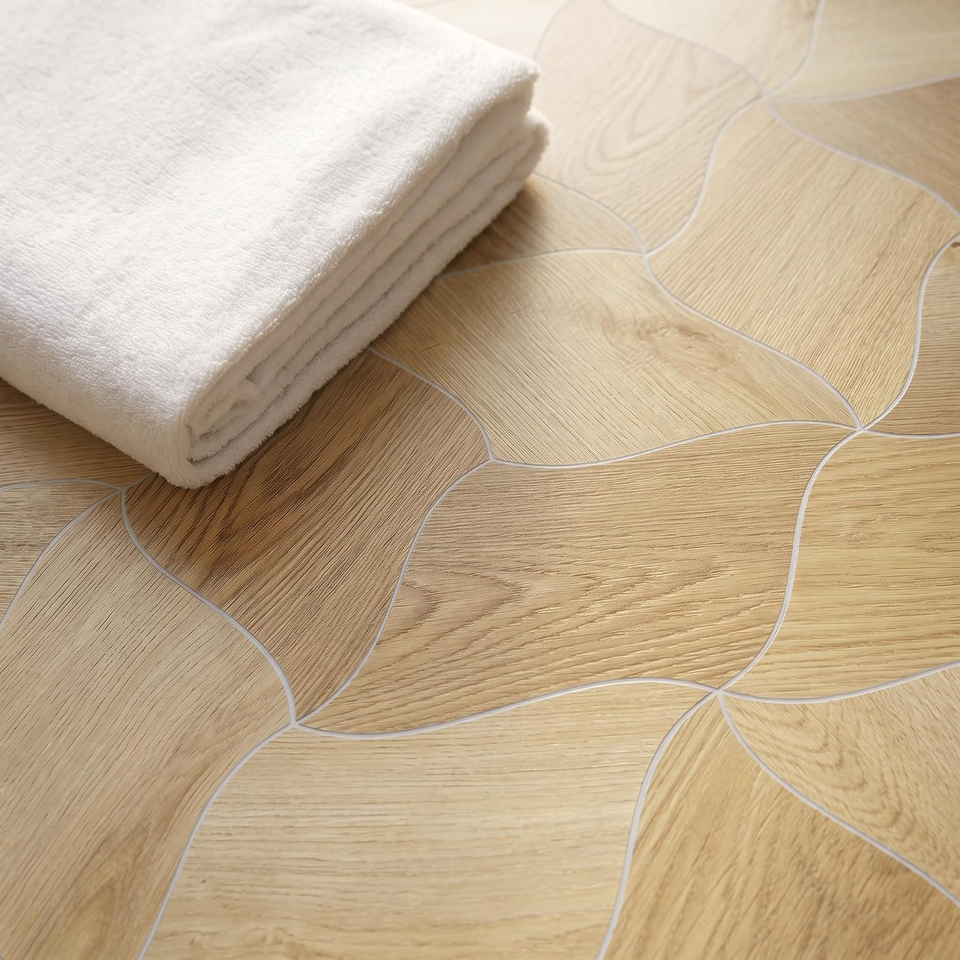Curved Peel and Stick Floor Tile 4mm SPC Wavy Petal Organic Shape Wood ...