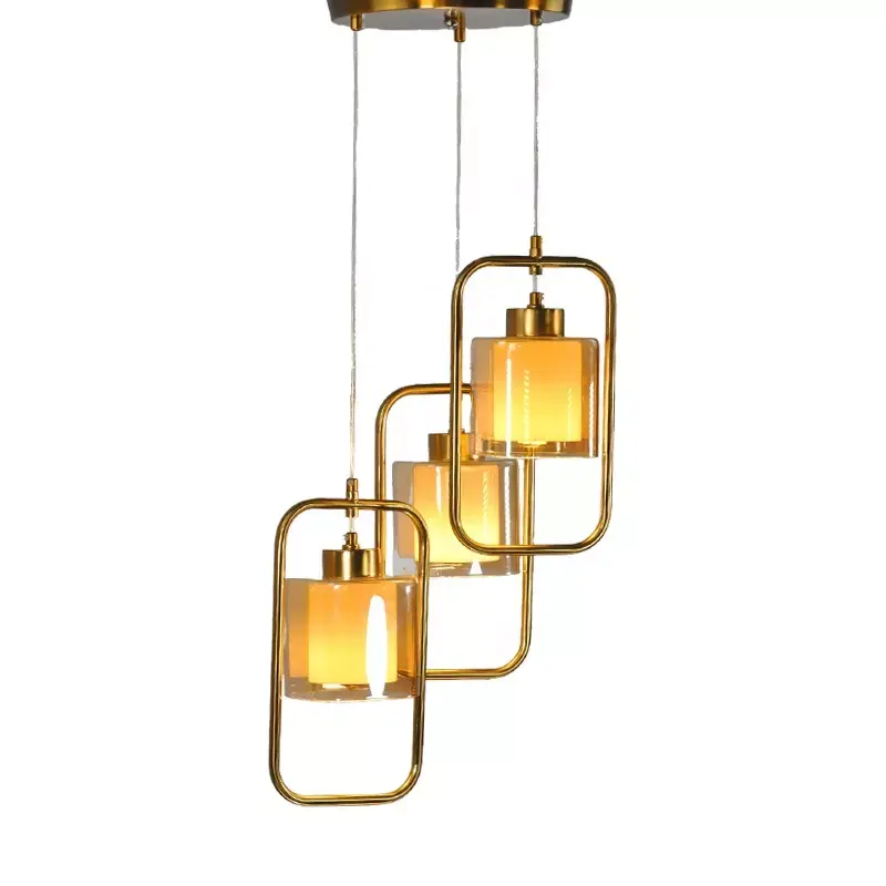 Modern MetaL Square Frame With Glass Shade Ceiling Lights Golden Metal Pendant Lamp For Decorative Hanging Lights Indoor