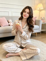 Ensemble de pyjama décontracté et élégant en satin à pois pour femme, en polyester, avec taille élastique confortable, manches longues et coupe longue