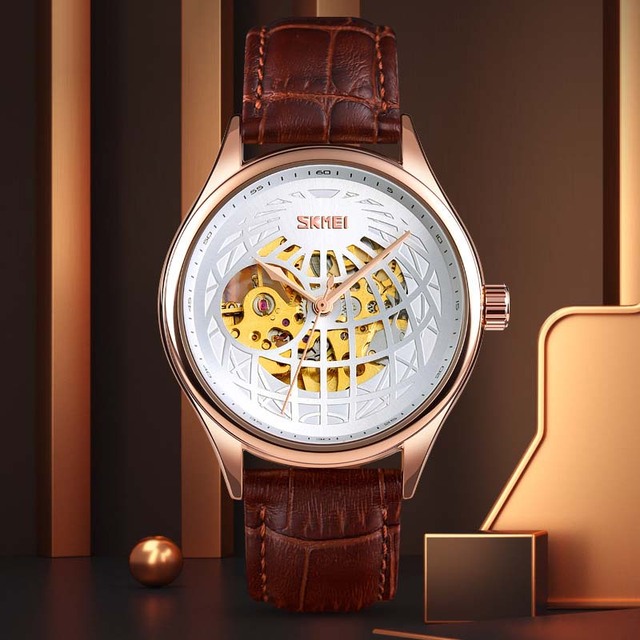 Luxury Earth Skeleton Design Waterproof Genuine Leather Strap Tourbillon Automatic Mechanical Watch
