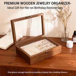 Wood Jewelry <b>Box</b> With Glass Lid Multi Compartment Storage For <b>Earrings</b> Bracelets Rings Organized Display Case - Product Image 4