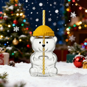 Ly thủy tinh hình gấu, cốc uống nước di động cho trẻ em, bình nước hoạt hình dễ thương có ống hút và nắp, in logo tùy chỉnh - Product Image 2