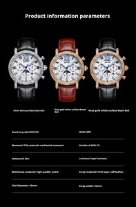KINYUED – montre mécanique pour hommes, mouvement automatique, bracelet en cuir, étanche, 3 bars, phase de lune, affichage des aiguilles lumineuses, vente en gros - Product Image 6