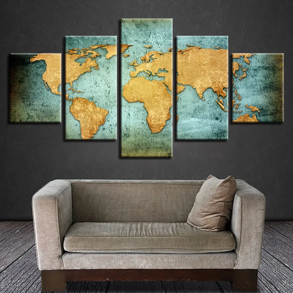 Canvas prints world map painting with frame for wall art decoration ready to hang