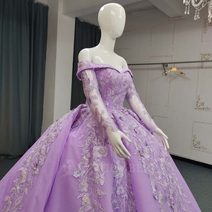 Lsany215 Robe de bal de Quinceañera moderne et romantique, violette, avec appliques florales 3D, décolleté cœur, traîne chapelle et perles, pour bal de promo - Product Image 5