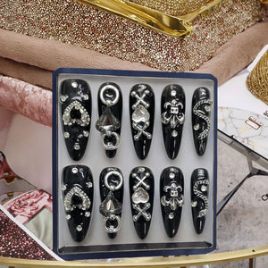 Uñas Postizas de Estilo Gótico Gyaru Hechas a Mano de Tokyo Dark <span class=keywords><strong>Glam</strong></span>, Uñas Falsas Negras de Estilo Punk con Diseños 3D - Product Image 3