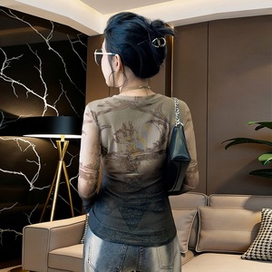 2026 New Style Positioning Mesh Printed Crewneck Long-sleeved T-shirt Women's Fashionable Gradient Slim-fit Base Shirt Trendy - Product Image 4